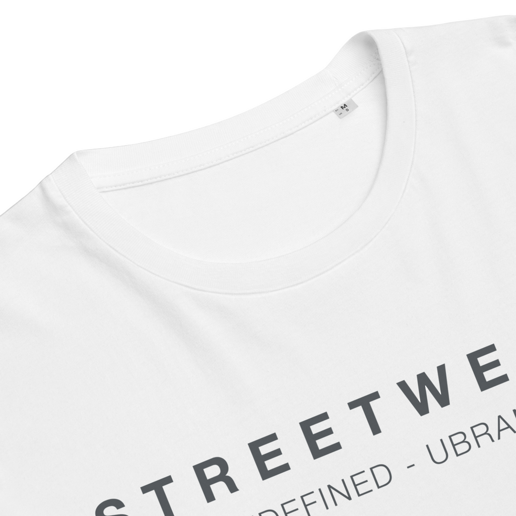Close-up of Khaki Grey Logo - Limited Edition White Organic Cotton Streetwear T-Shirt