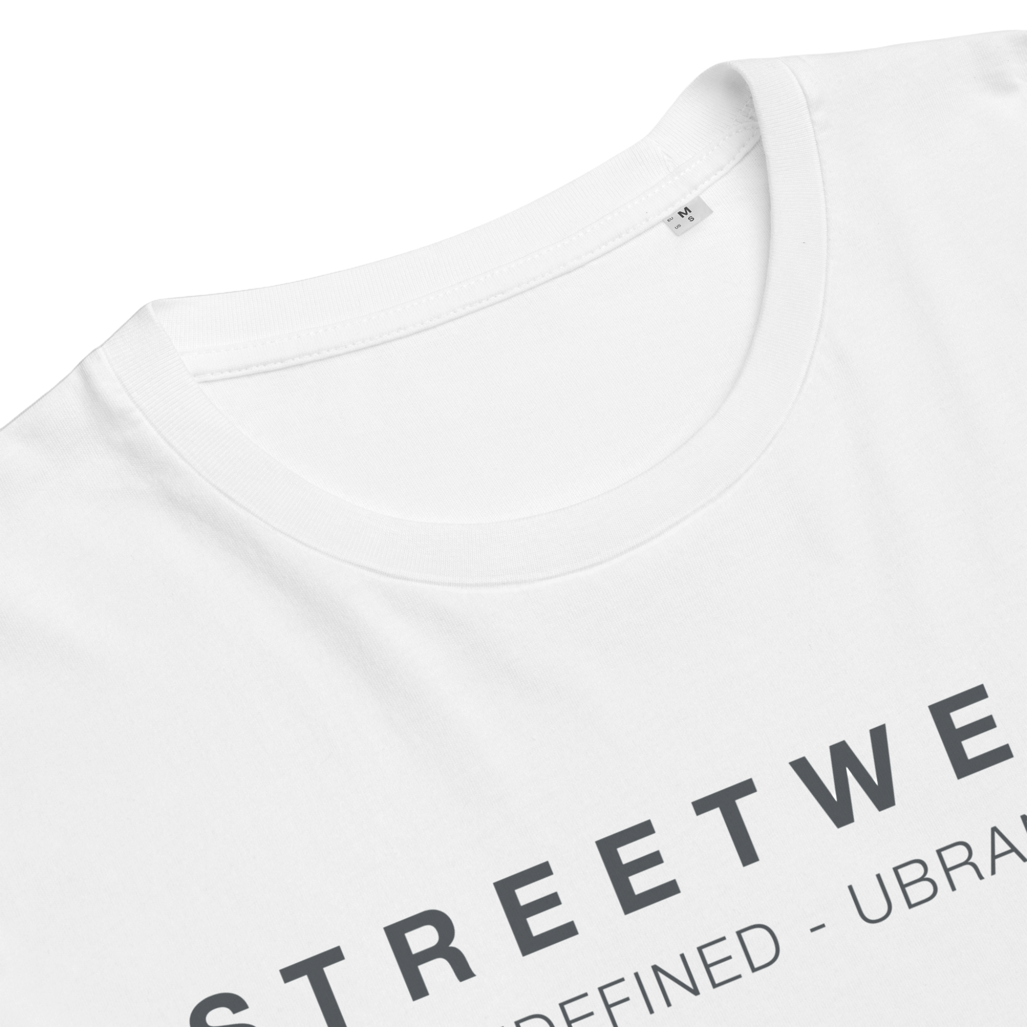 Close-up of Khaki Grey Logo - Limited Edition White Organic Cotton Streetwear T-Shirt