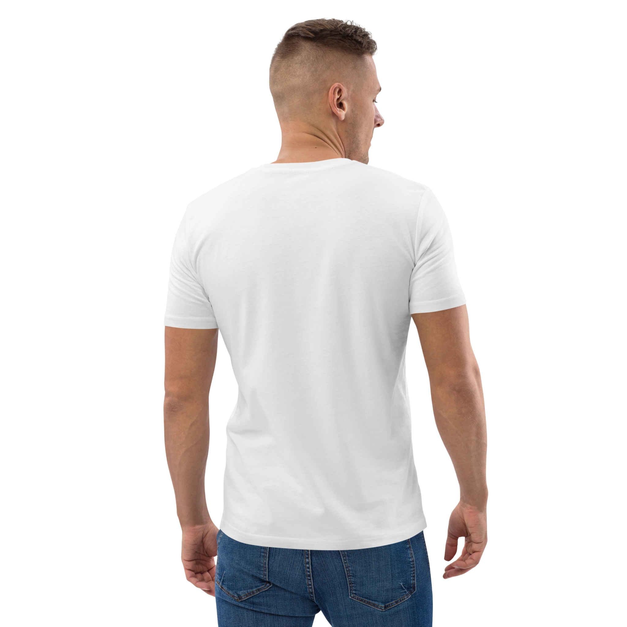 Limited Edition Men’s White Organic Cotton Streetwear T-Shirt with Khaki Grey Logo - Back View