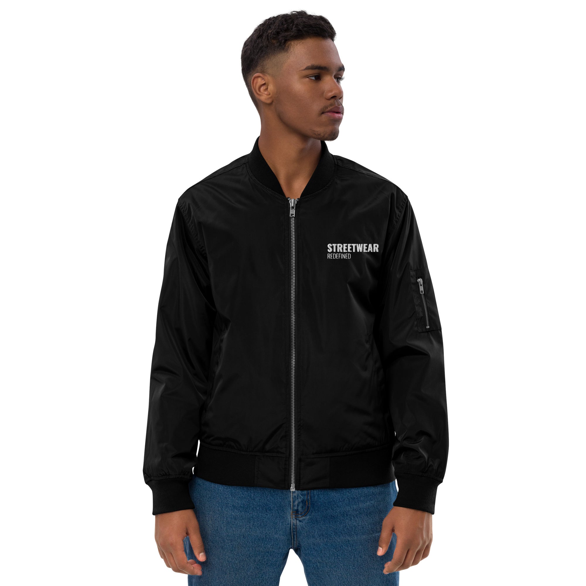 Front view of Men’s Black Recycled Bomber Jacket – Streetwear Redefined