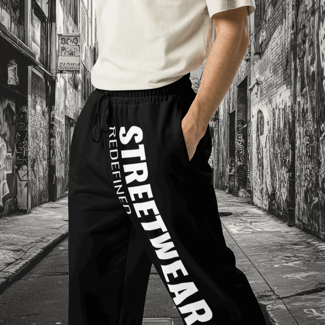 Men’s black wide-leg joggers streetwear front full view