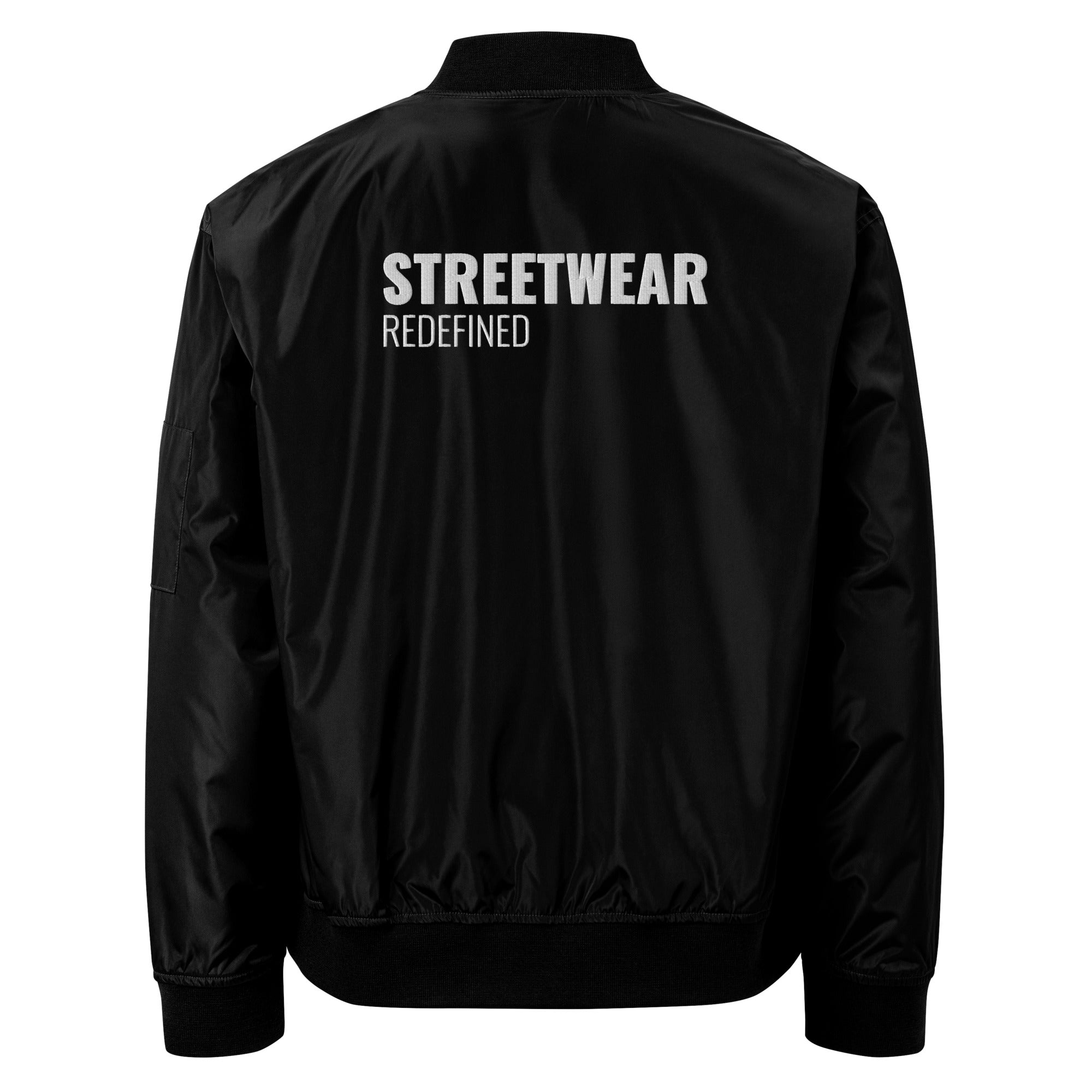 Flat lay of Men’s Black Premium Recycled Bomber Jacket – Streetwear Style