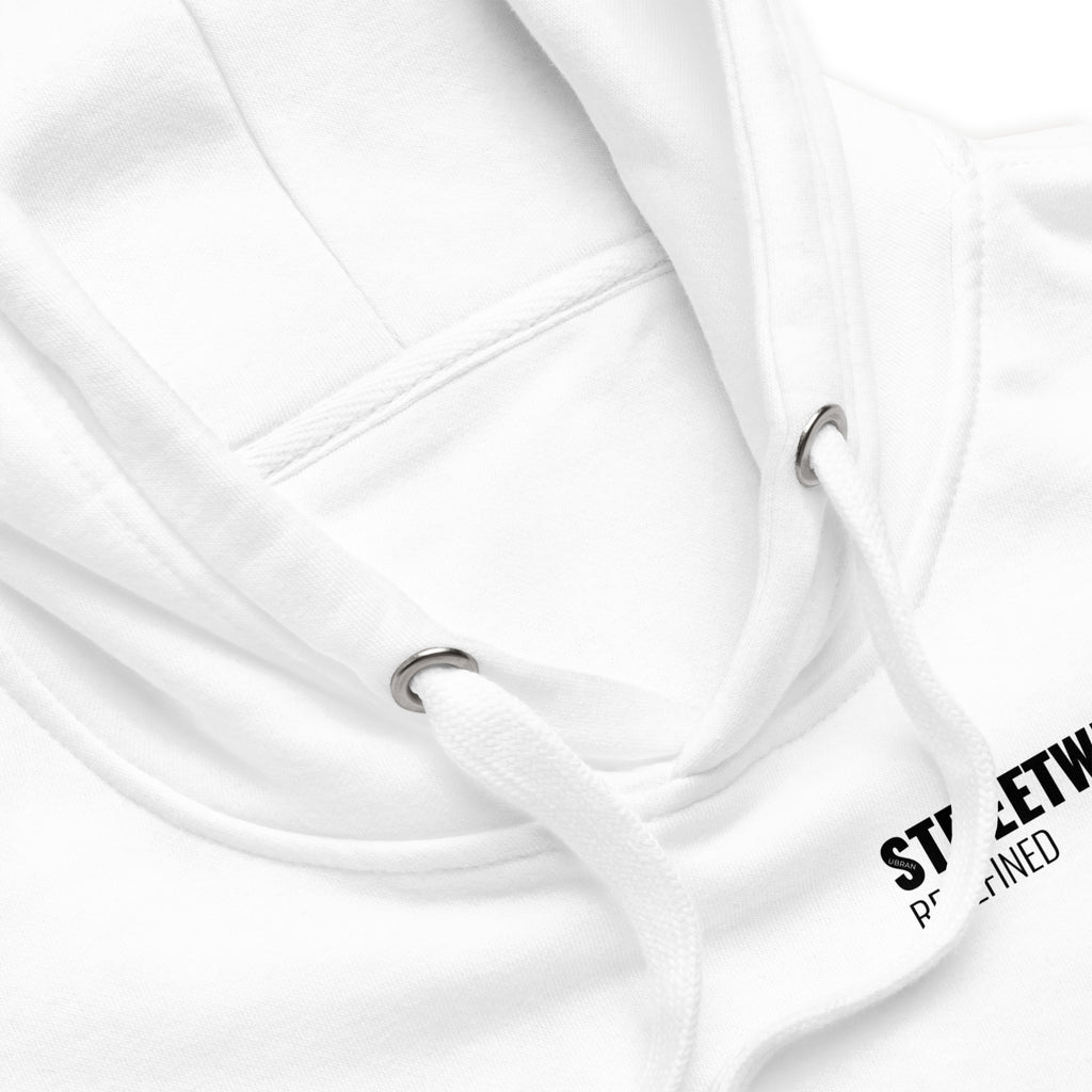 Close-up of drawstrings and cotton fabric on Men’s Premium White Hoodie