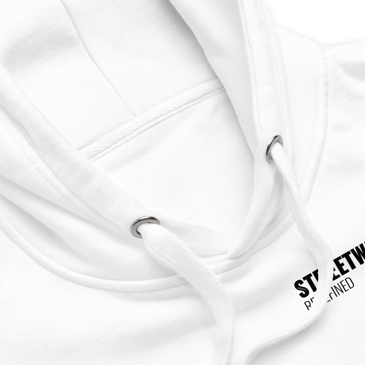 Close-up of drawstrings and cotton fabric on Men’s Premium White Hoodie
