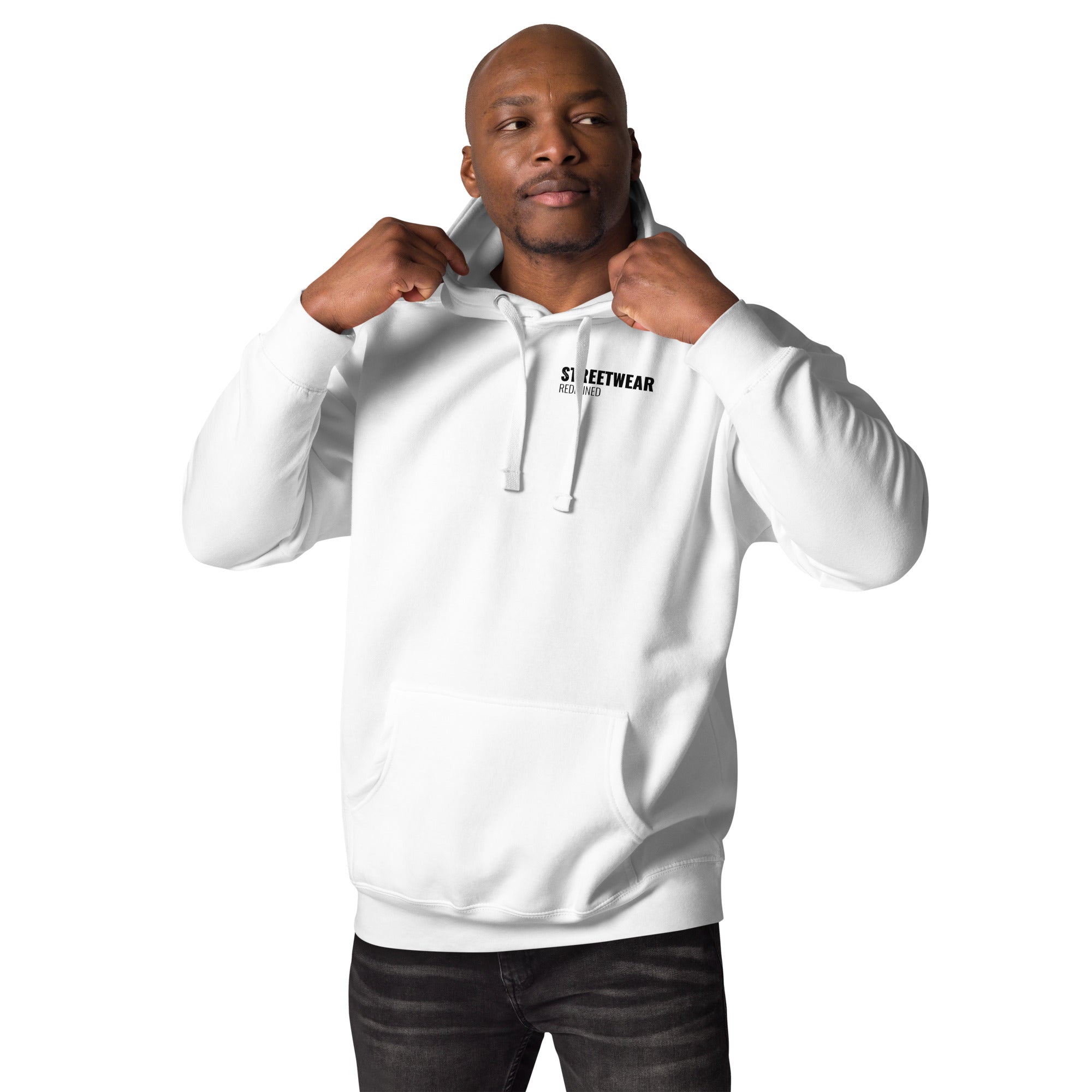 Front view of Men’s Premium White Streetwear Hoodie with pouch pocket