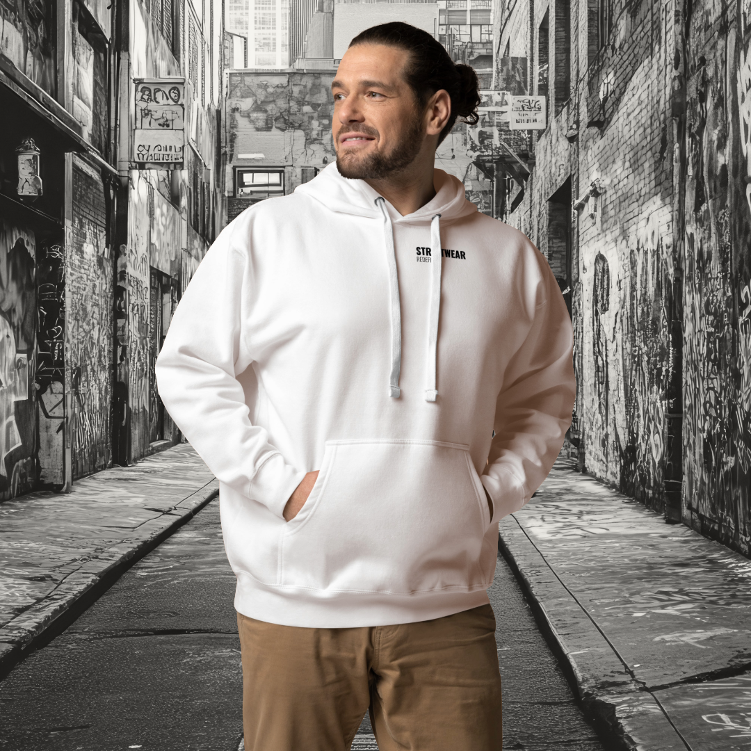 Men’s Premium White Hoodie – Streetwear Redefined Front and Side View