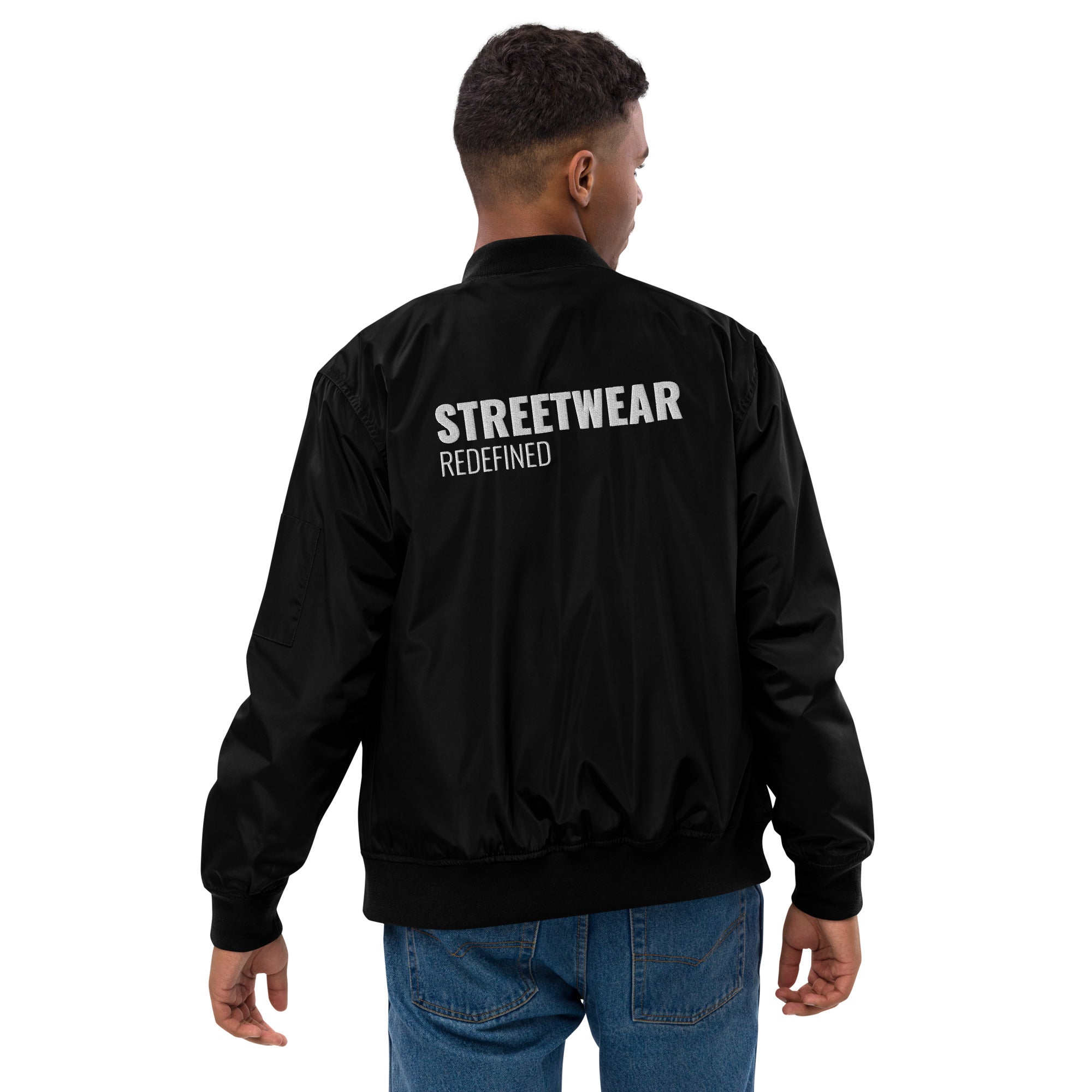 Back view of Men’s Streetwear Black Bomber Jacket – Recycled Polyester