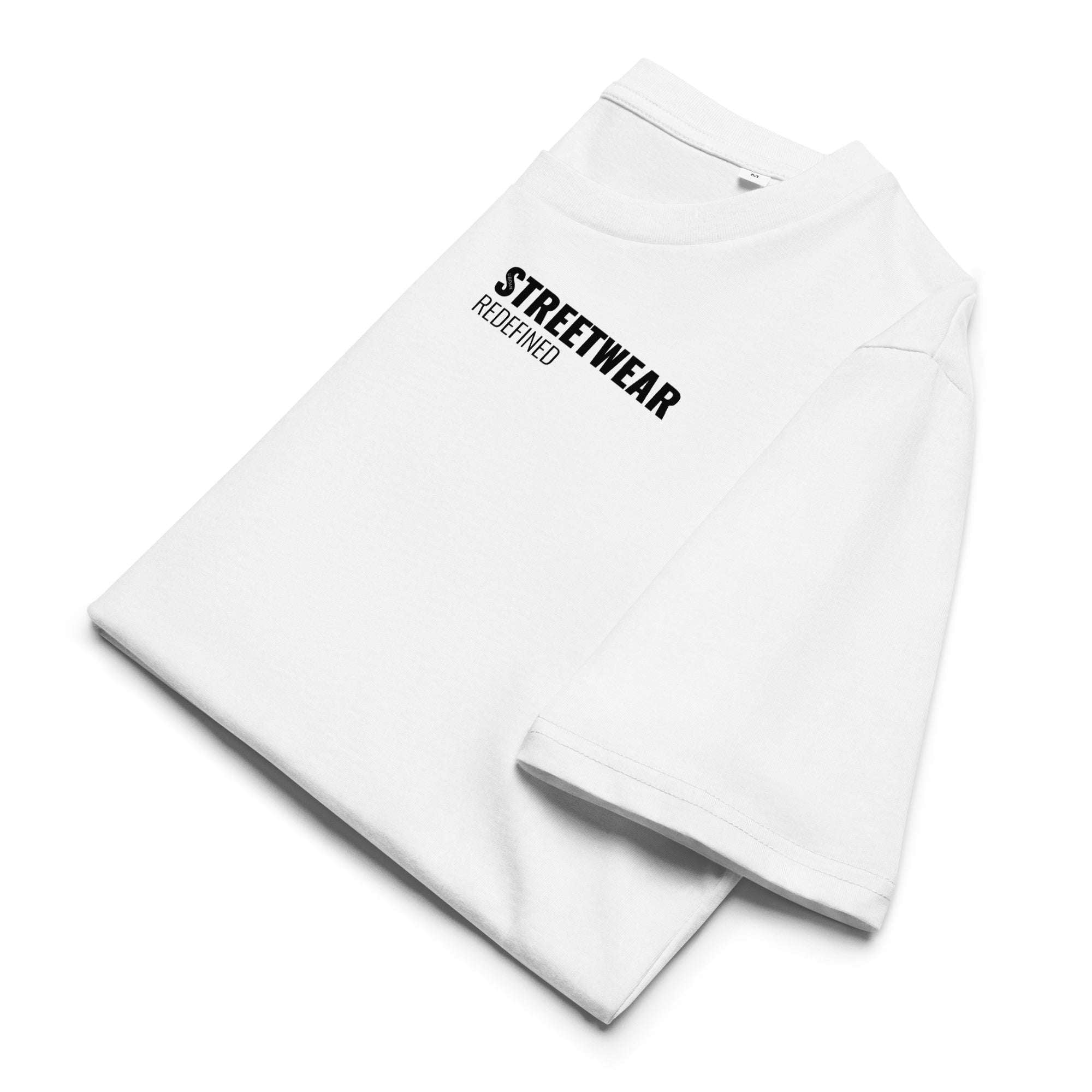 Men's Oversized Tee White with Black Logo – Streetwear Redefined | Organic Cotton T-Shirt - Folded
